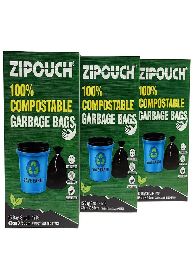 Zipouch Compostable Garbage Dustbin CoverSmall Size (17x19), 45 Bags (3 Boxes) | Dustbin Liners| Trash Bags| Kitchen Bags|Black - Color, 45 Pieces - Image 1